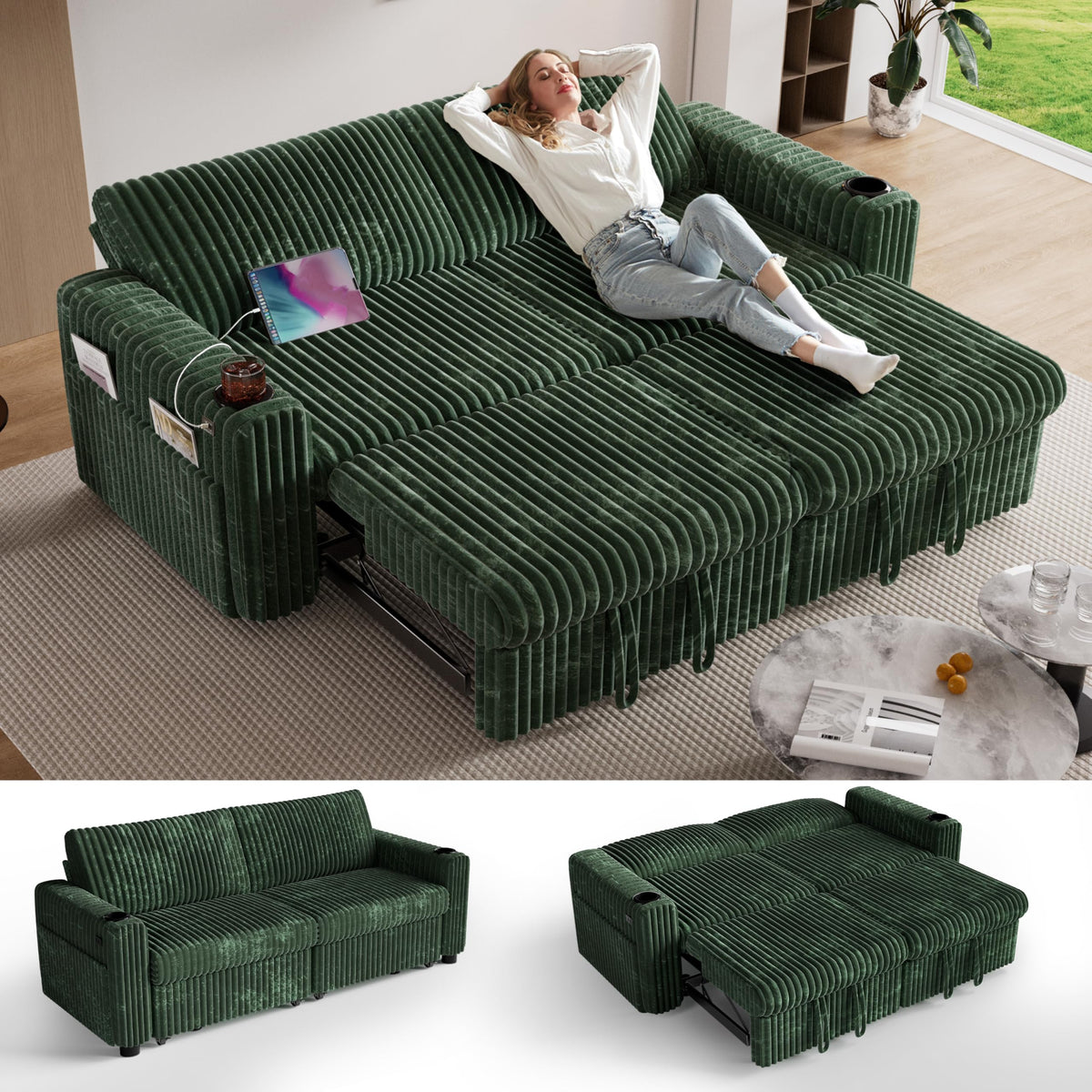 91" Plush Corduroy L Shaped Sectional Sleeper Sofa Bed with Pull Out Bed, Reclining Backrest, Reversible Storage