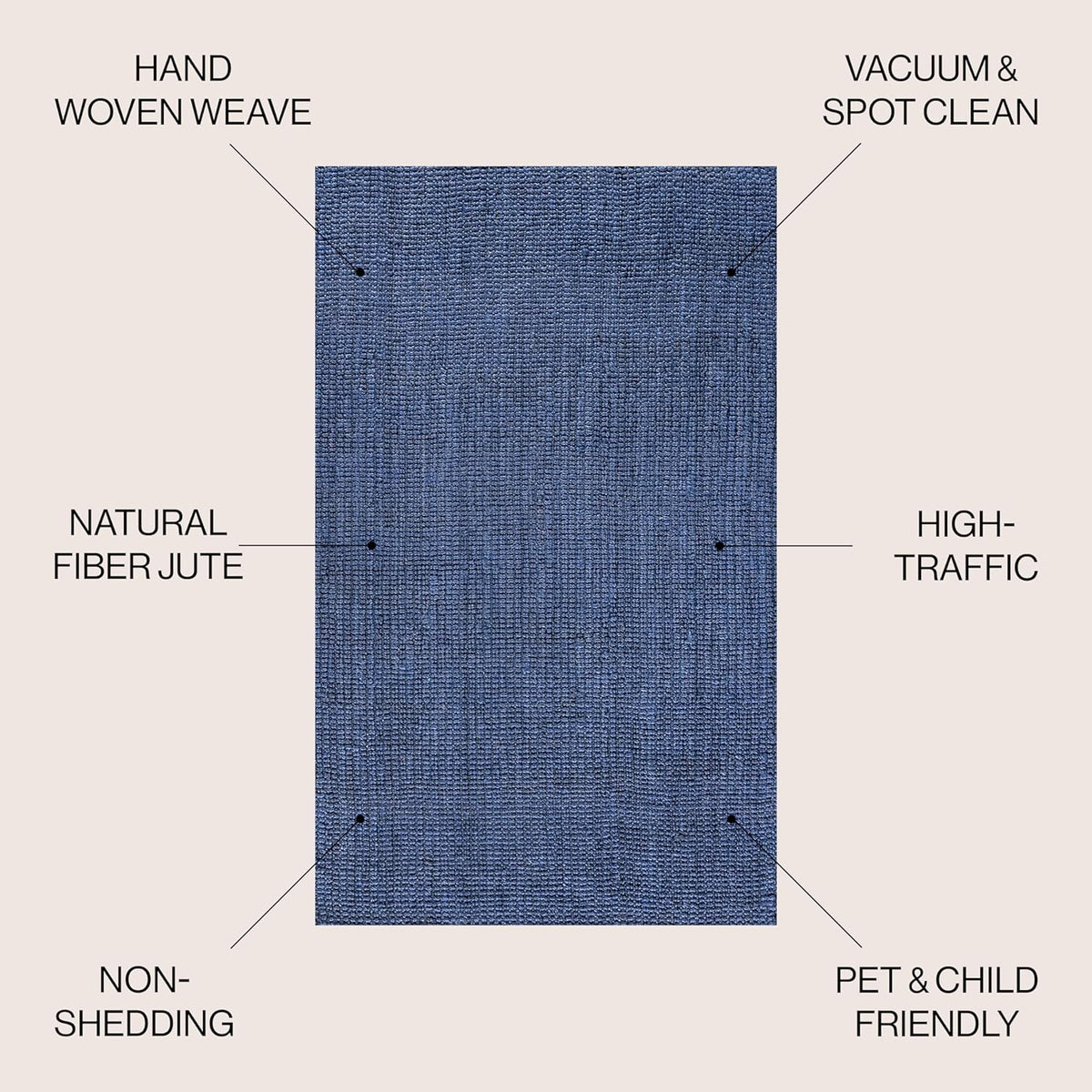 Pata Hand Woven Chunky Jute Navy Area Rug, Bohemian, Rustic, Cottage, Easy-Cleaning
