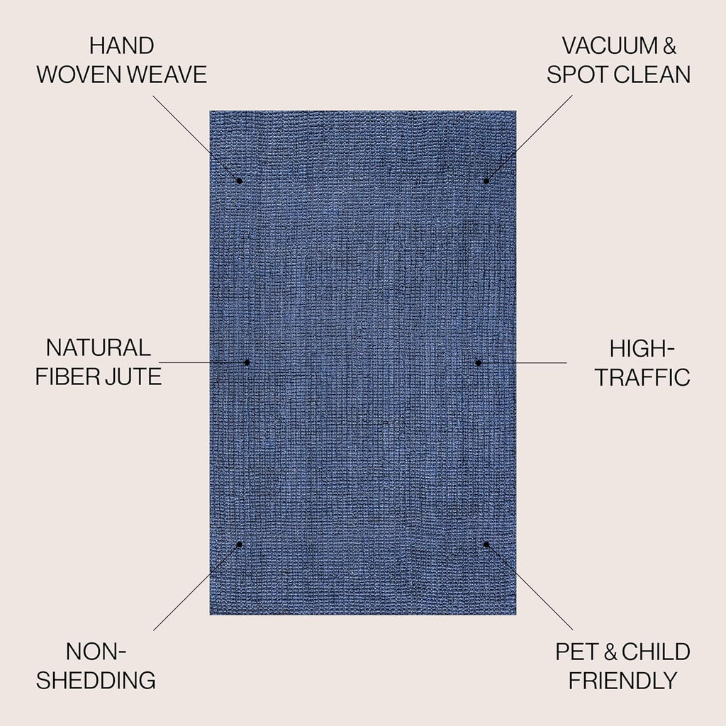 Pata Hand Woven Chunky Jute Navy Area Rug, Bohemian, Rustic, Cottage, Easy-Cleaning