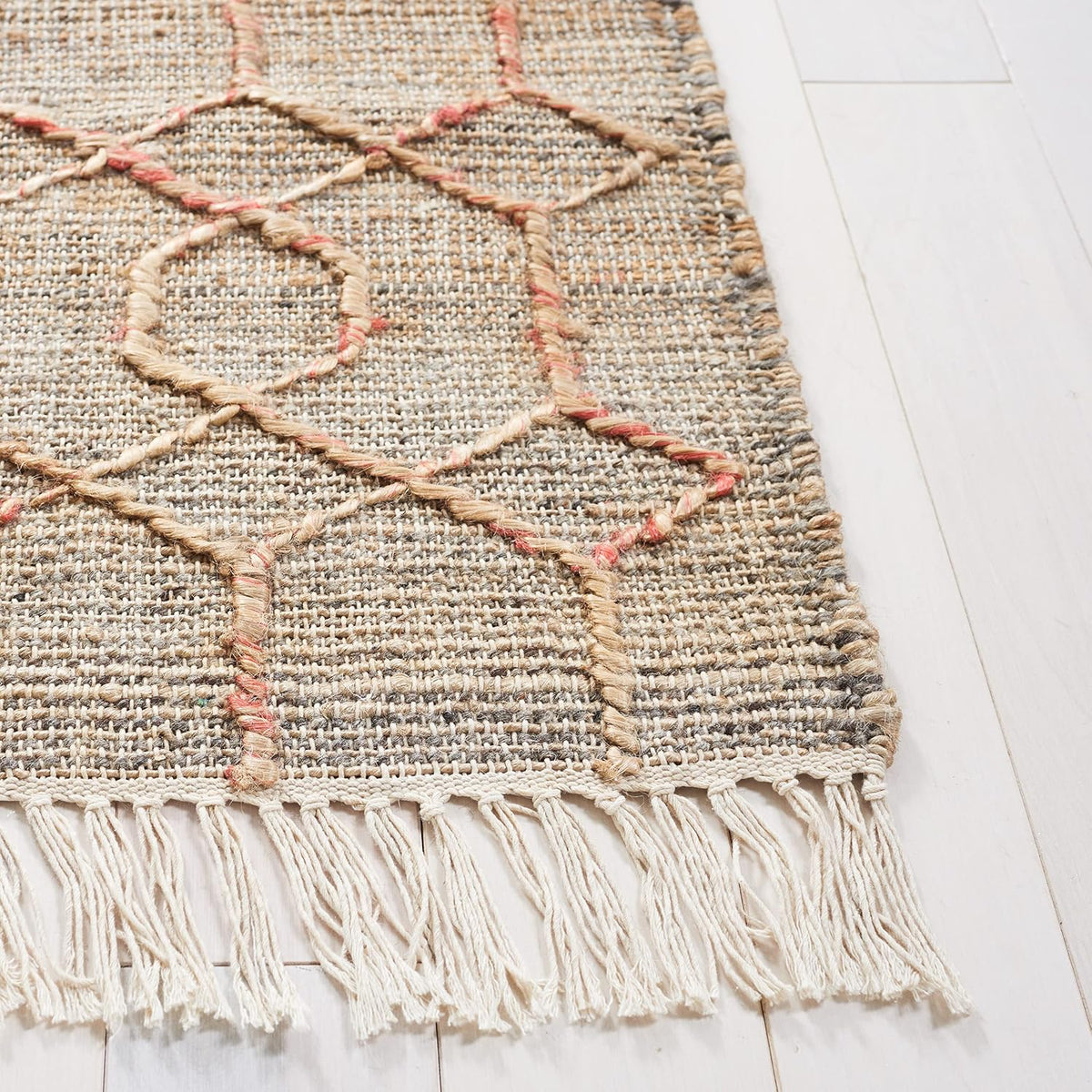 Natural Fiber Collection Accent Rug, Natural & Rust, Handmade Moroccan Boho Fringe Jute, Ideal for High