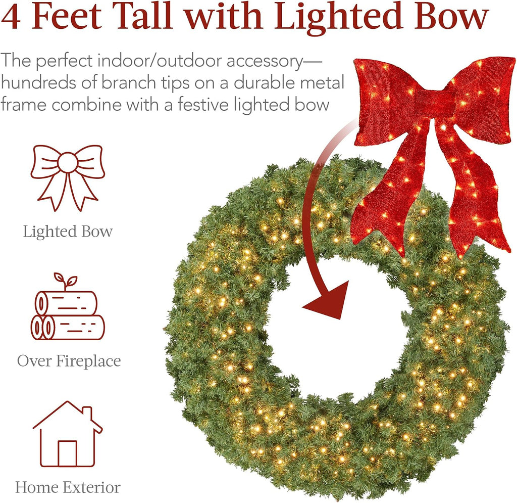48in Large Artificial Pre-Lit Fir Christmas Wreath Holiday Accent Decoration for Door, Mantel w/Red Lighted Bow, 250
