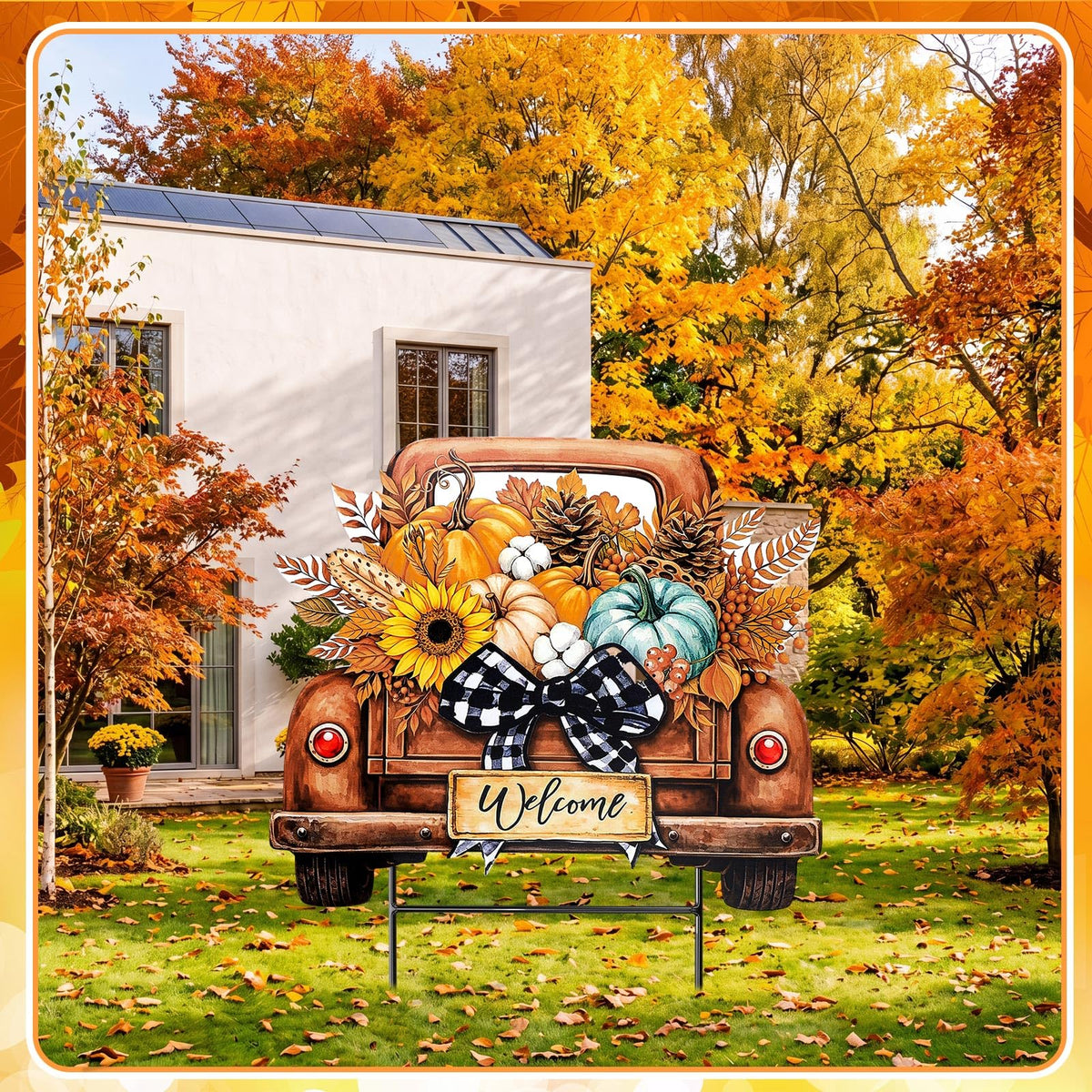 Fall Decor Outdoor Metal Pumpkin Truck Welcome Yard Sign with Bow