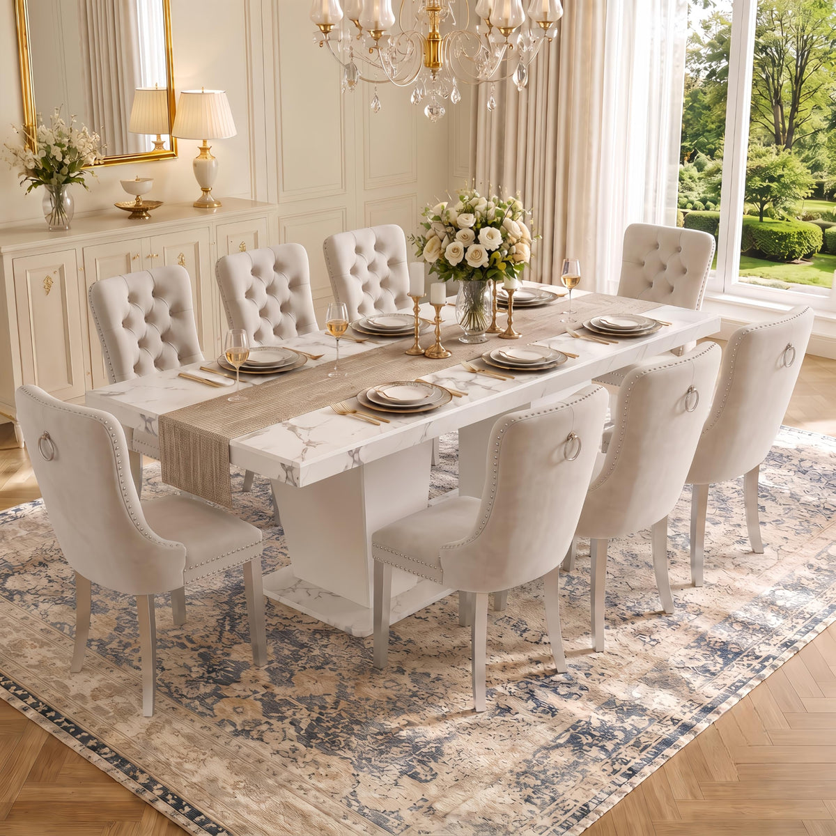 Faux Marble Dining Table Set for 8, 63"-78.7" Extendable Dining Room Table and 8 Beige Velvet Upholstered Chairs