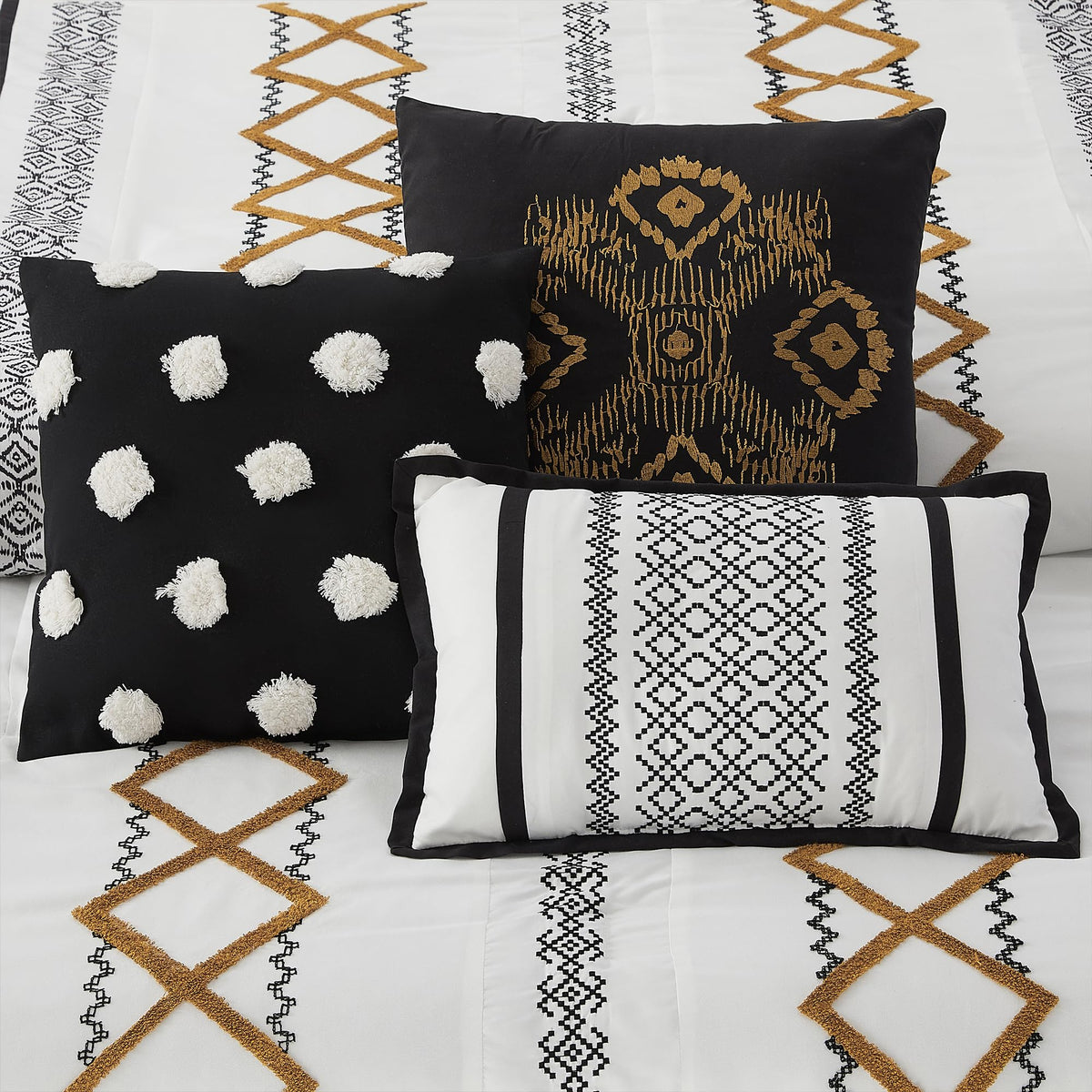 Black Gold Comforter Set, 7 Pieces All Season Bedding Sets in a Bag with Geometric Terry Embroidered Comforter