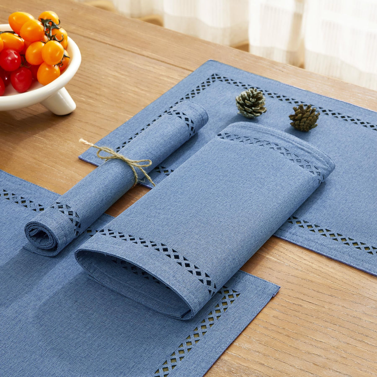 Farmhouse Burlap Place Mats, Blue Placemats Set of 6, 12 x 18 Inch