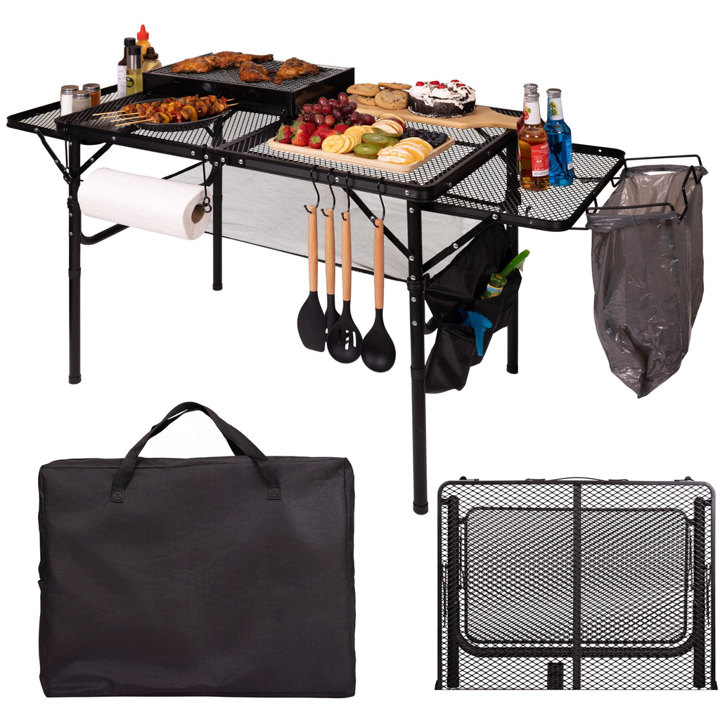 Folding Table w/ Carry Bag, Paper Towel Holder, Garbage Holder, Wing Panels, 3x2 FT Foldable Table for Portable