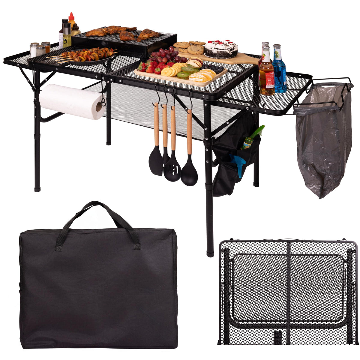 Folding Table w/ Carry Bag, Paper Towel Holder, Garbage Holder, Wing Panels, 3x2 FT Foldable Table for Portable