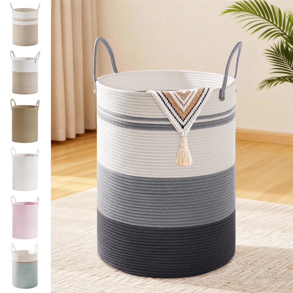 58L Tall Cotton Rope Laundry Basket with Handles, Grey Striped
