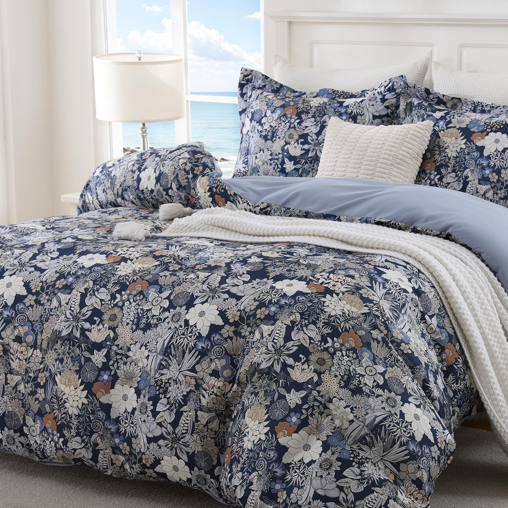Duvet Cover, 3Pcs Reversible Floral Bedding Set Navy Blue