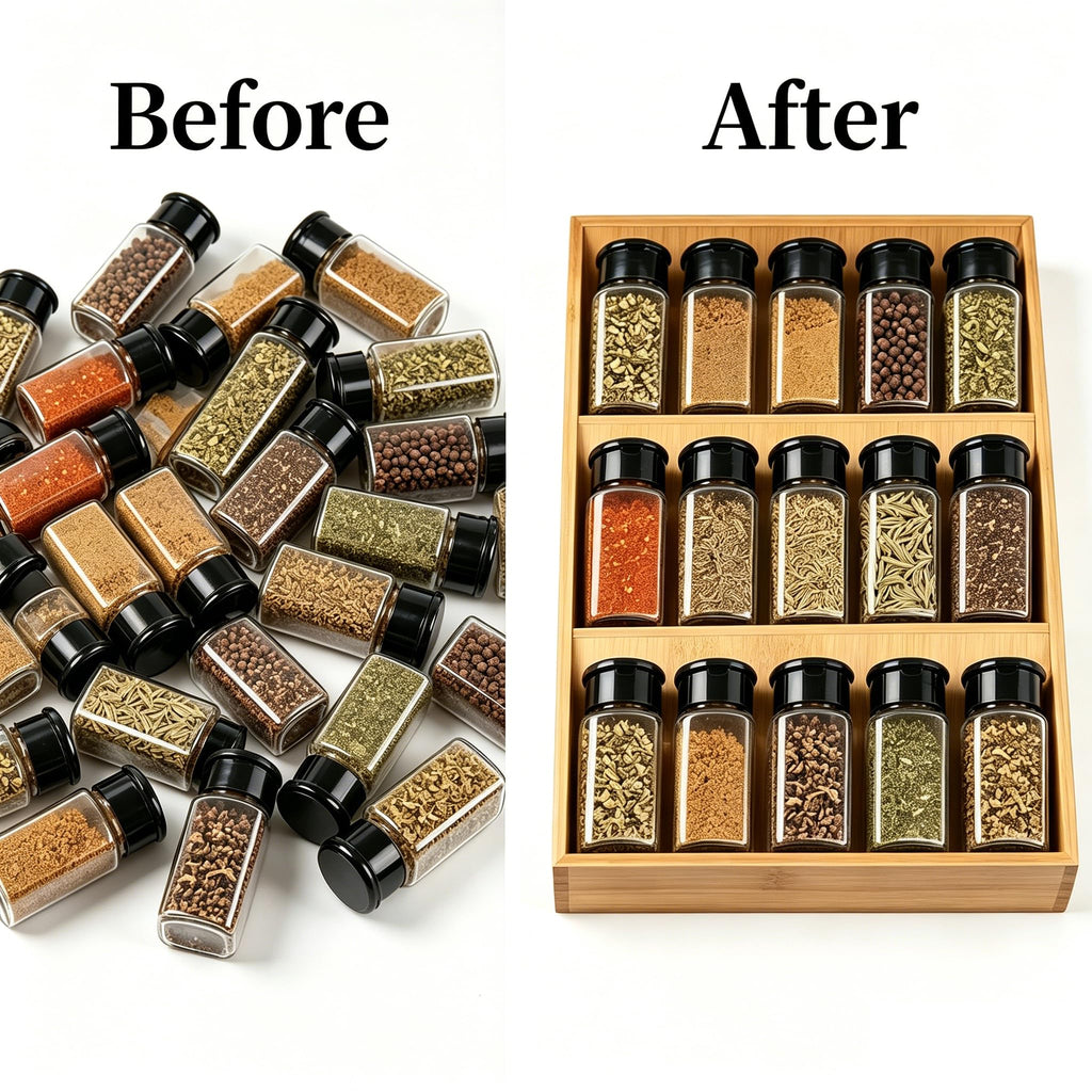 Spice Drawer Organizer for Cabinet, 3 Tier Bamboo Spice Rack Tray for Drawer, Kitchen Seasoning Organizer