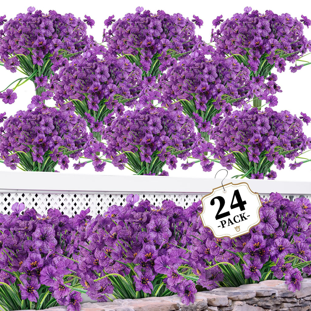 24Bundles Deep Purple Artificial Flowers for Outdoors, Fake Flower