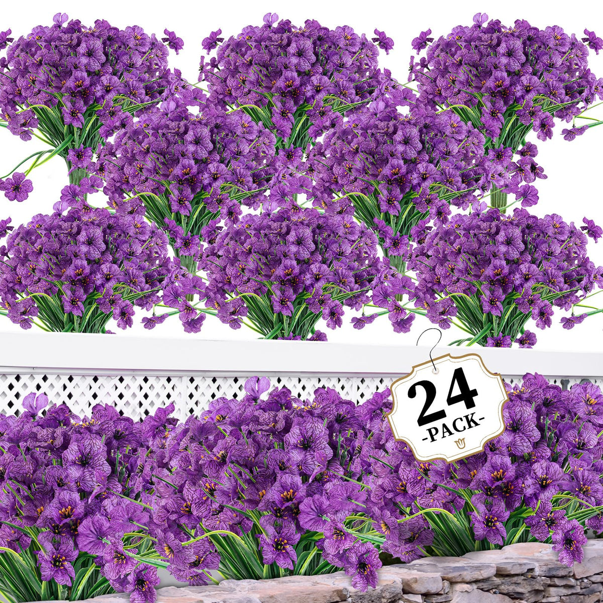 24Bundles Deep Purple Artificial Flowers for Outdoors, Fake Flower
