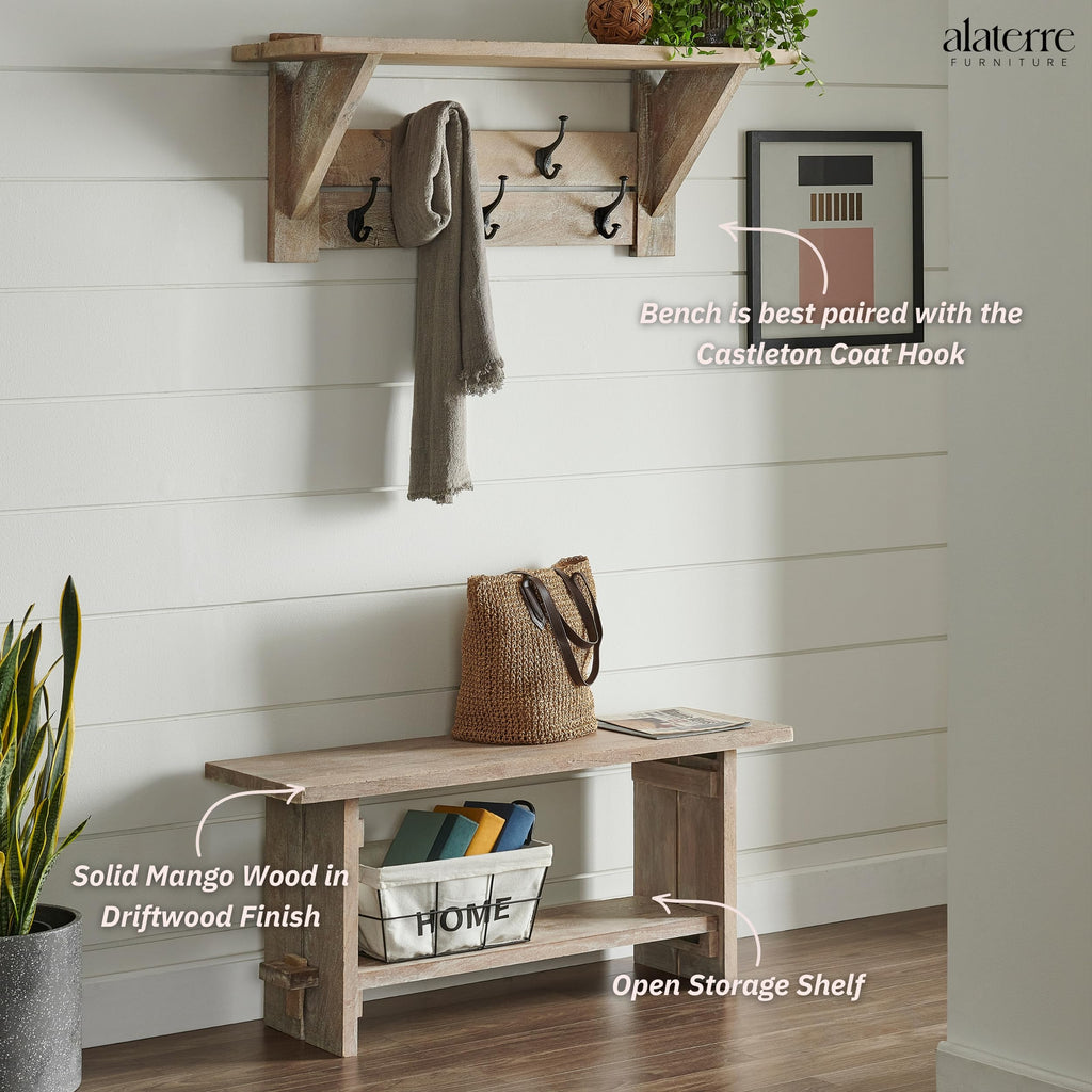 Bethel Rustic Solid Wood Entryway Bench with Shelf, Driftwood