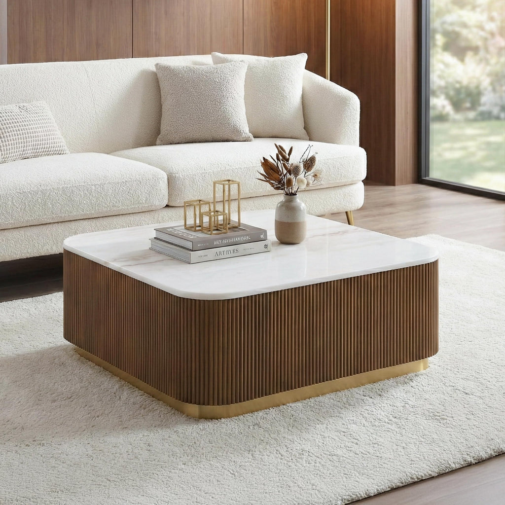 Beryl Square Marble Top Coffee Table, White and Brown