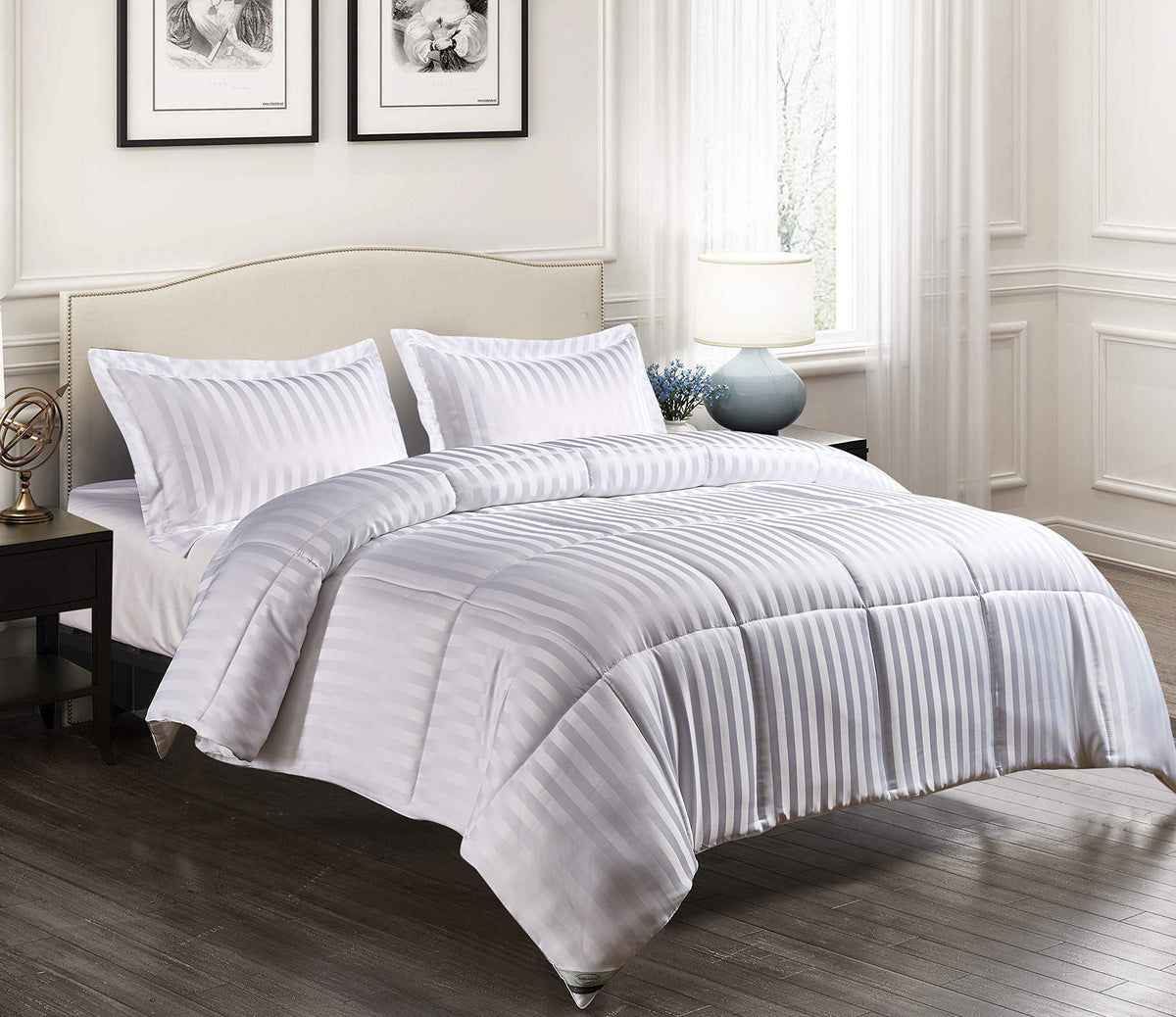 Microfiber Damask Stripe/Solid Reversible Down Alternative Comforter Set - All Season Warmth, Twin, White