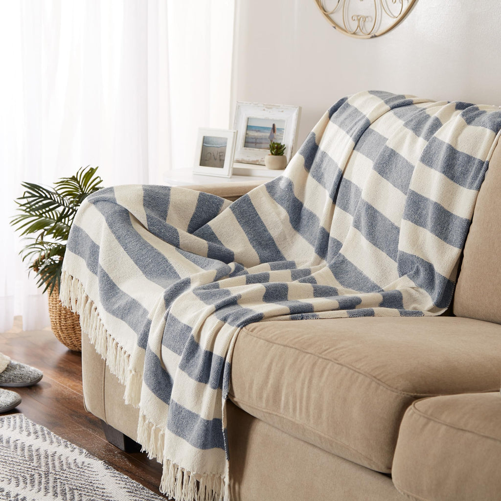 Rustic Farmhouse Cotton Cabana Striped Blanket Throw with Fringe, 50 x 60 - Cabana Striped Off-White with French Blue