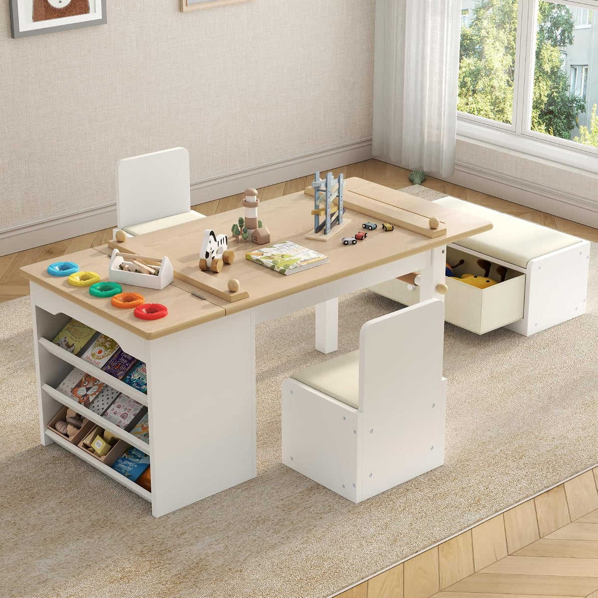 3 in 1 Kids Art Table and Chair Set, Art Desk & Easel with Storage Drawers