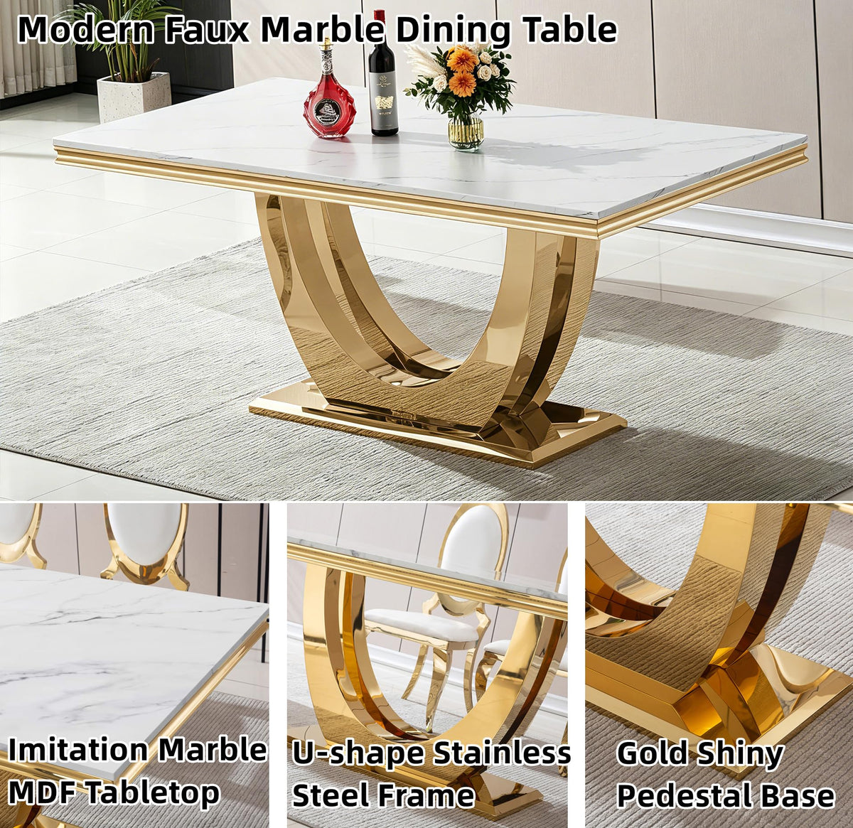 Luxury White Marble Dining Table for 4-6 People Rectangular Faux Marble Kitchen Table 68" Large Long Dining Room