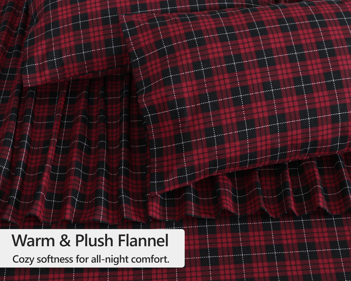 100% Cotton Flannel Sheets, 4 PCs, Red Buffalo Check