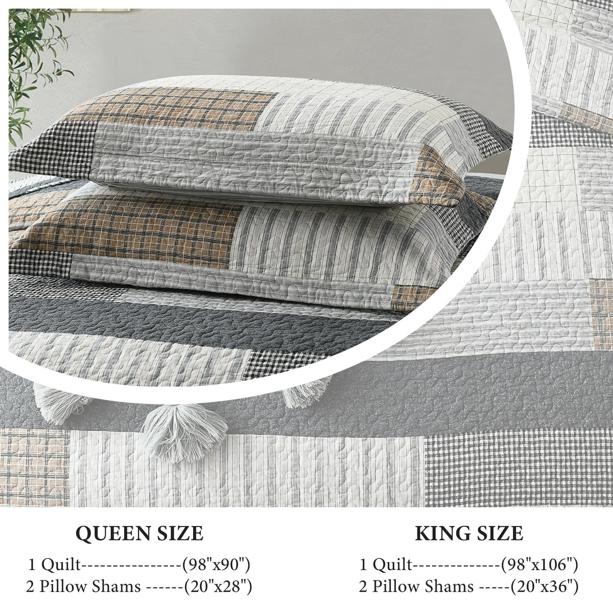 Gray Plaid Quilt Set - 100% Cotton Striped Plaid Patchwork Bedspread Coverlet Set, Lighweight Cozy Cottage