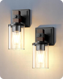 Wall Sconces Set of 2, Farmhouse Vanity Light Fixtures with Clear Glass Shade & Dark Brown Wood Grain Paint, 1-Light