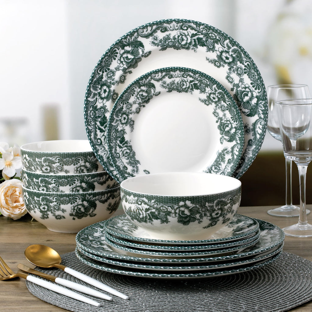 Montana Chip-Resistant Porcelain Dinnerware Set, 12-Piece, Elegant Green Floral Border