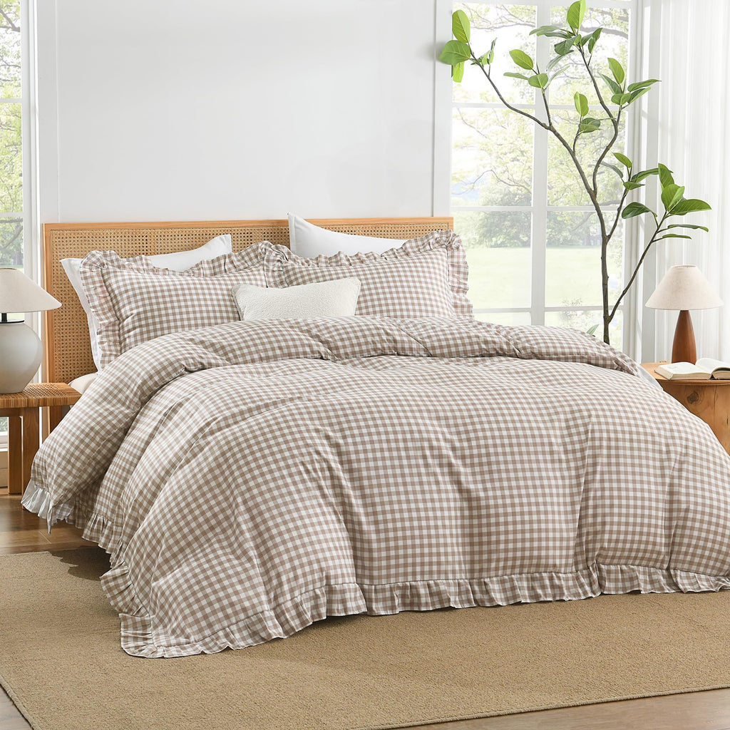 Tan Gingham Duvet Cover, Ruffle Shabby Chic Bedding Set 3 Pcs