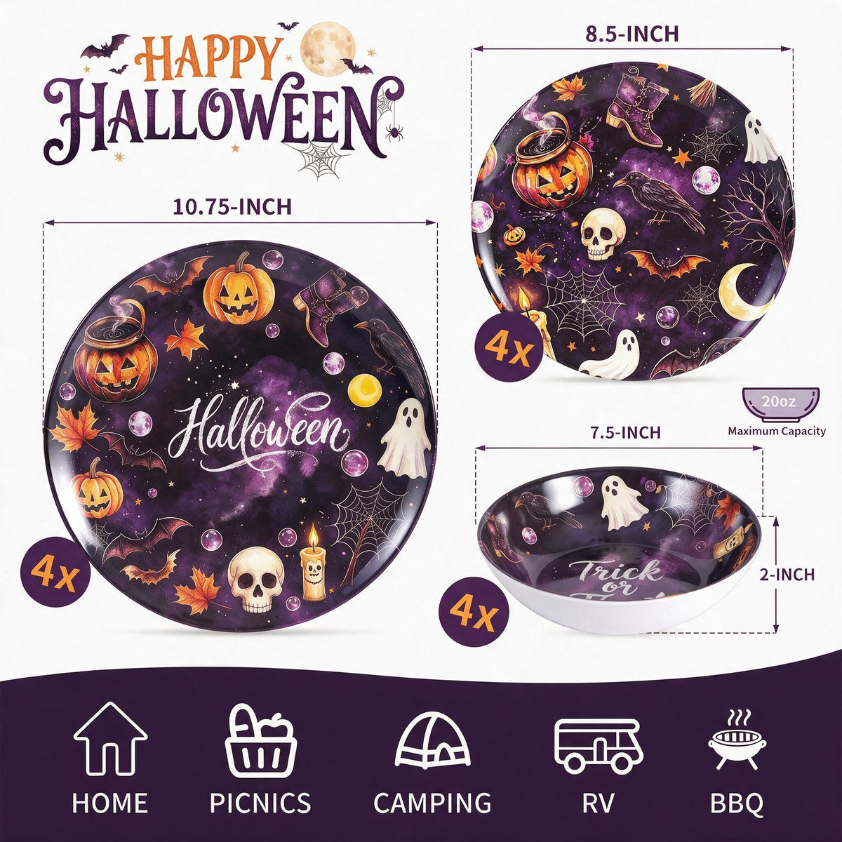 12-Piece Halloween Melamine Dinnerware Set, Service for 4,Dark Purple