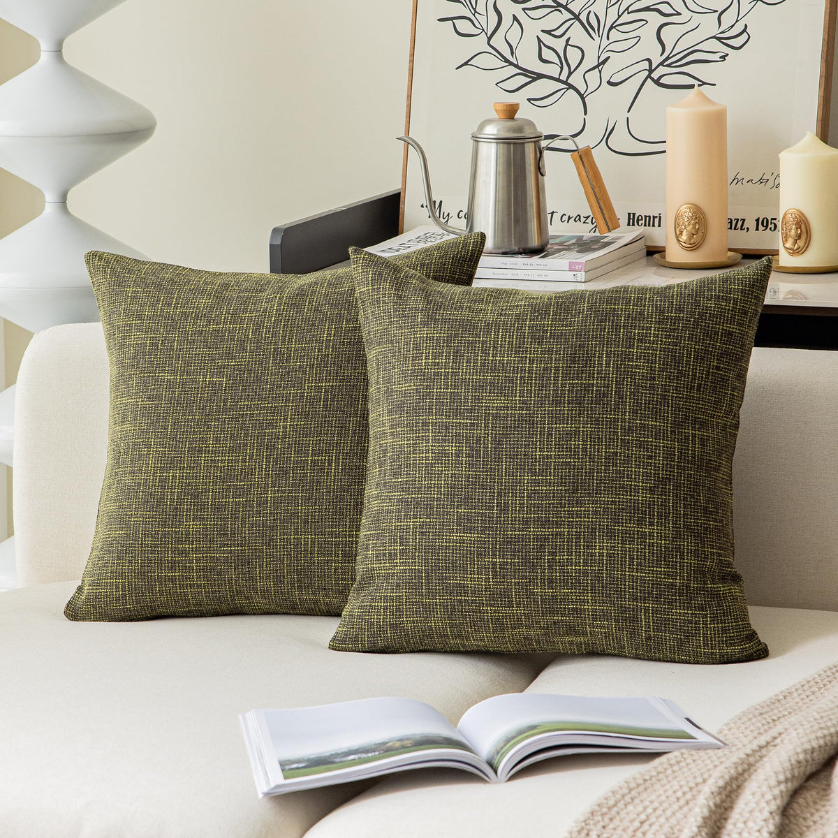 Cotton Linen Soft Decorative Square Throw Pillow Covers Cushion Case for Sofa Bedroom, 2 Pc, 22 x 22 Inch 55 x 55 cm