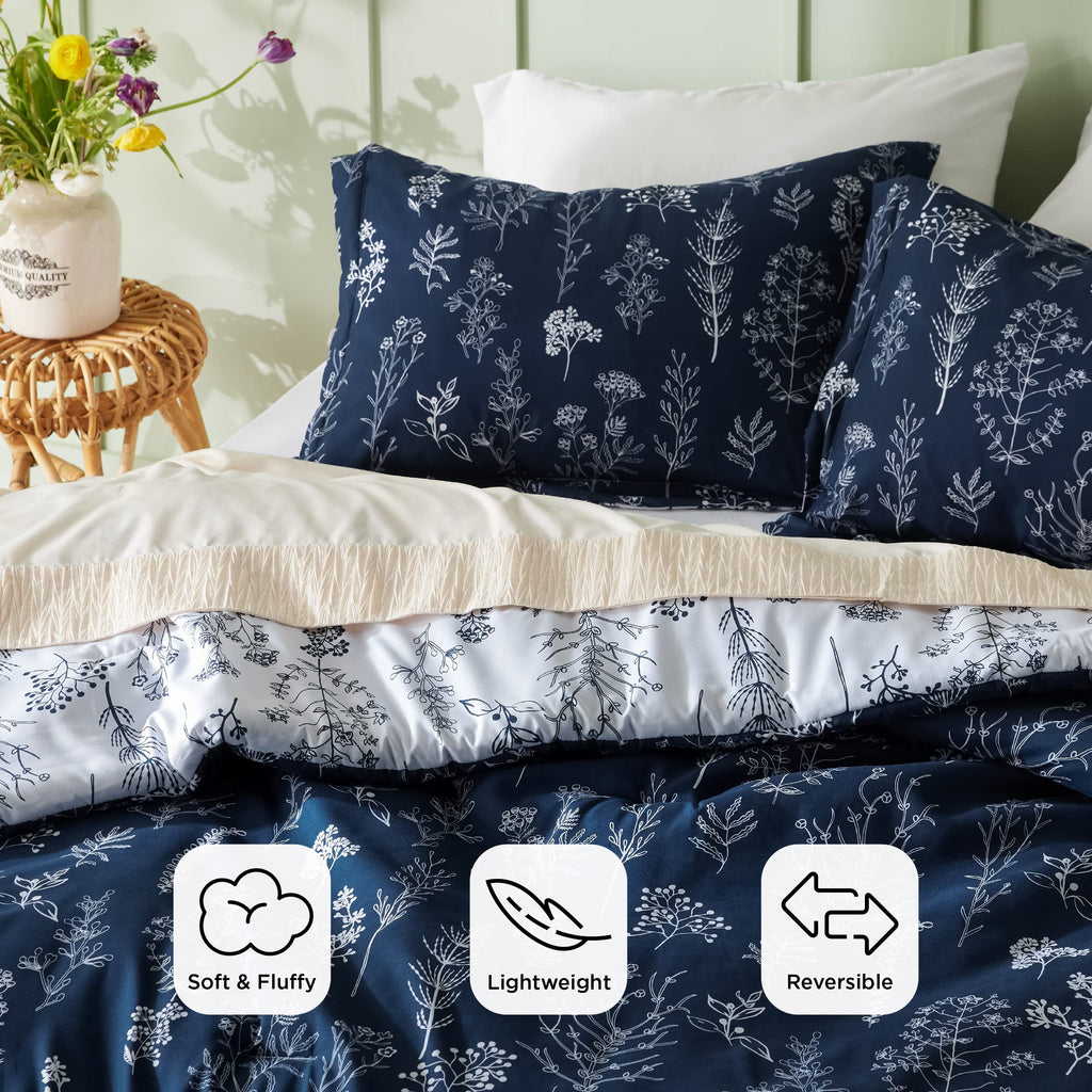 Floral Comforter Set Cute Bedding Set Reversible Navy