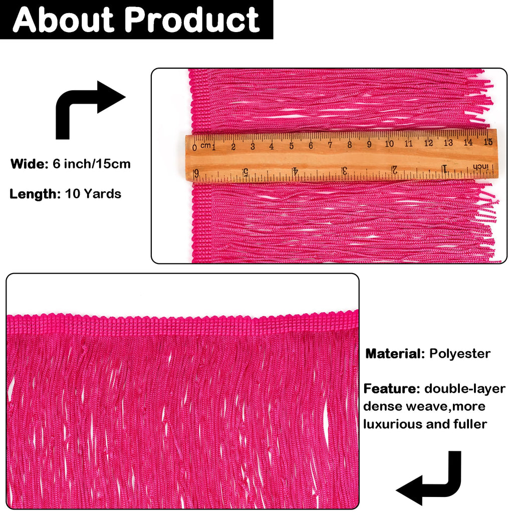Sewing Fringe Trim, 10 Yards, 6 Inches Wide, Hot Pink for DIY Crafts