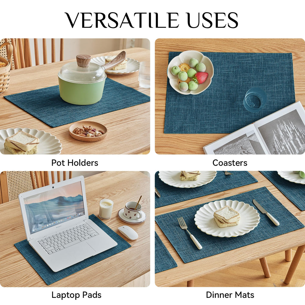 Faux Linen Cloth Placemats Set of 12-12 x 18 Inch, Navy