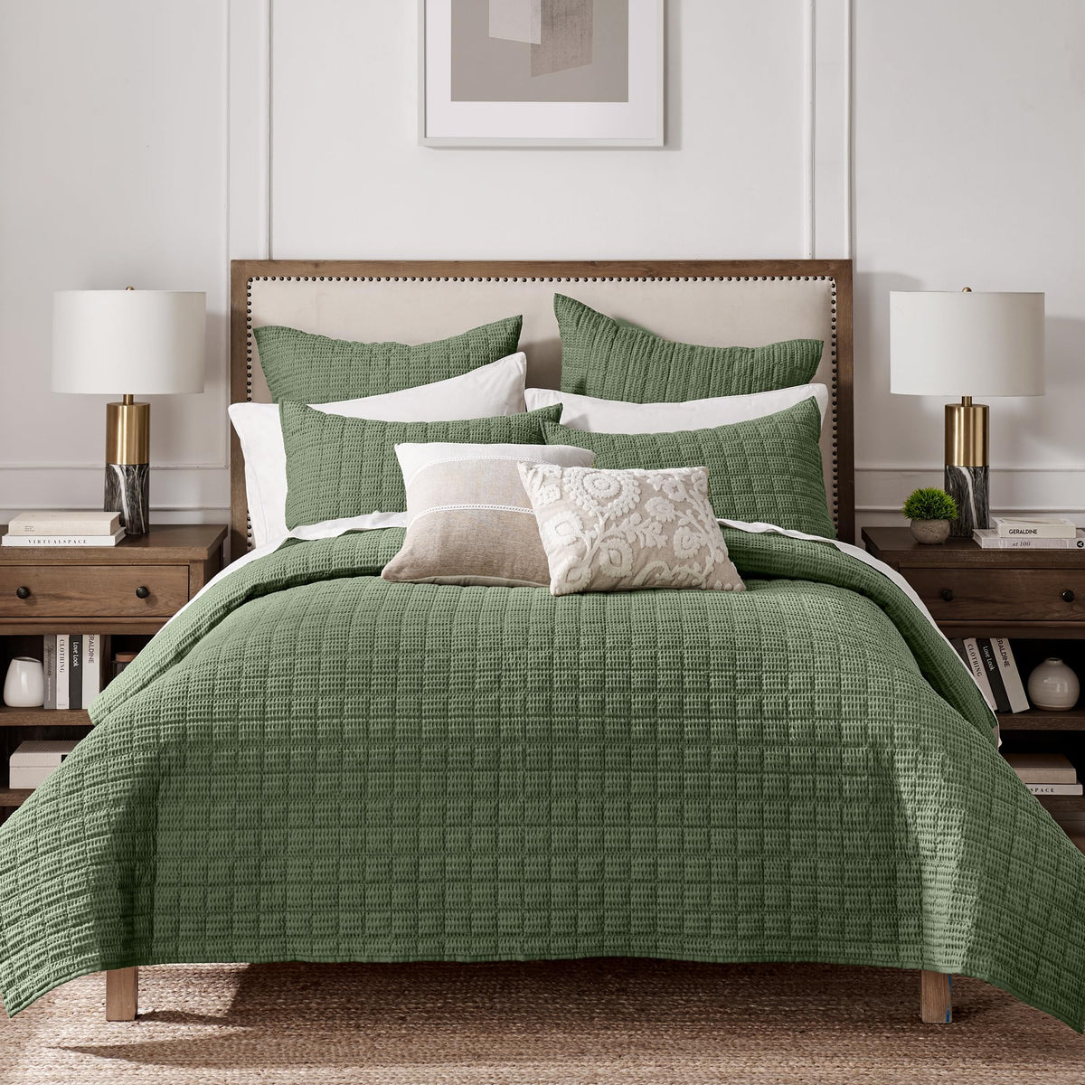 Cloud Waffle Quilt Set (88x92in) and 2 Pillow Shams (26x20in) - Box Quilted Waffle Texture - Forest Green