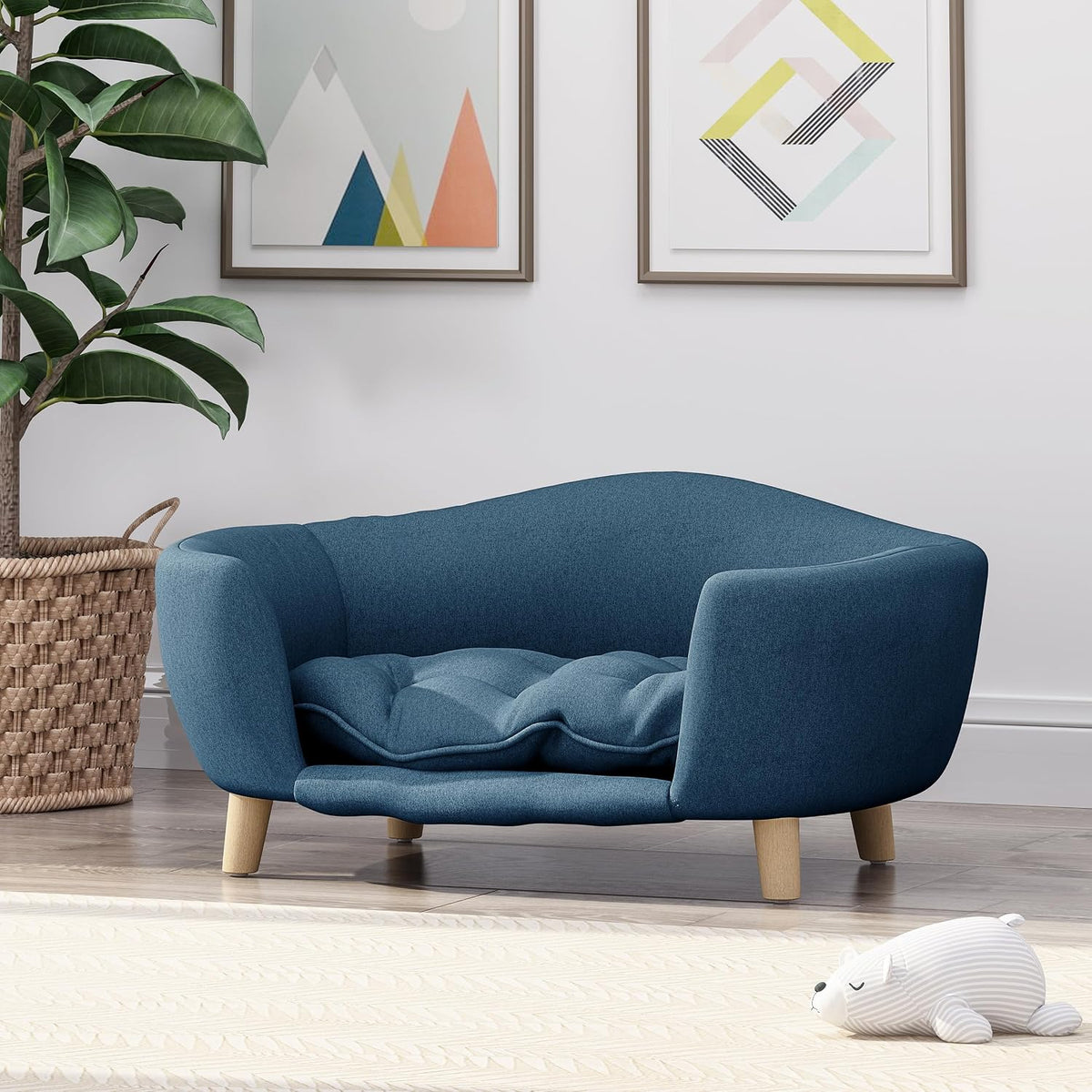 Mid-Century Modern Elevated Dog Bed with Plush Tufted Cushion, Orthopedic Raised Dog Sofa with Solid Birch Wood