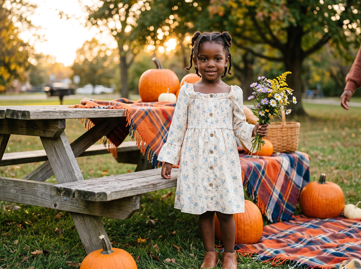 Toddler Girl Fall Dress Floral Square Neck Long Sleeve