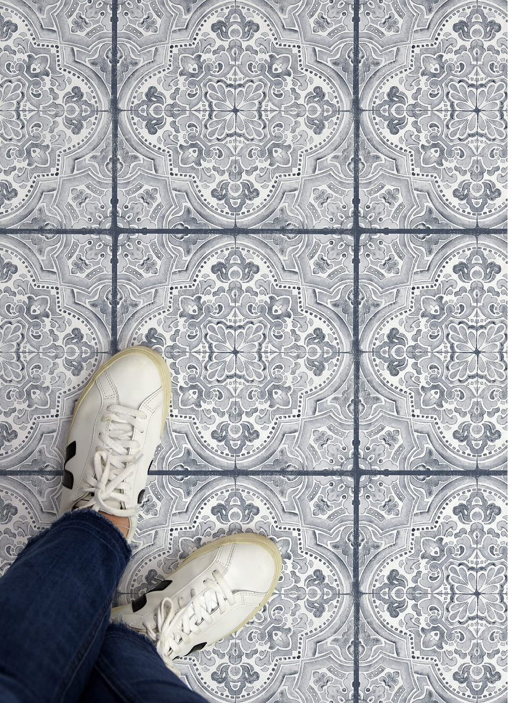 Hastings Peel and Stick Floor Tiles, Blue, Medallion Vinyl Floor Tiles, Water Resistant, 12 in x 12 in, Pack of 10