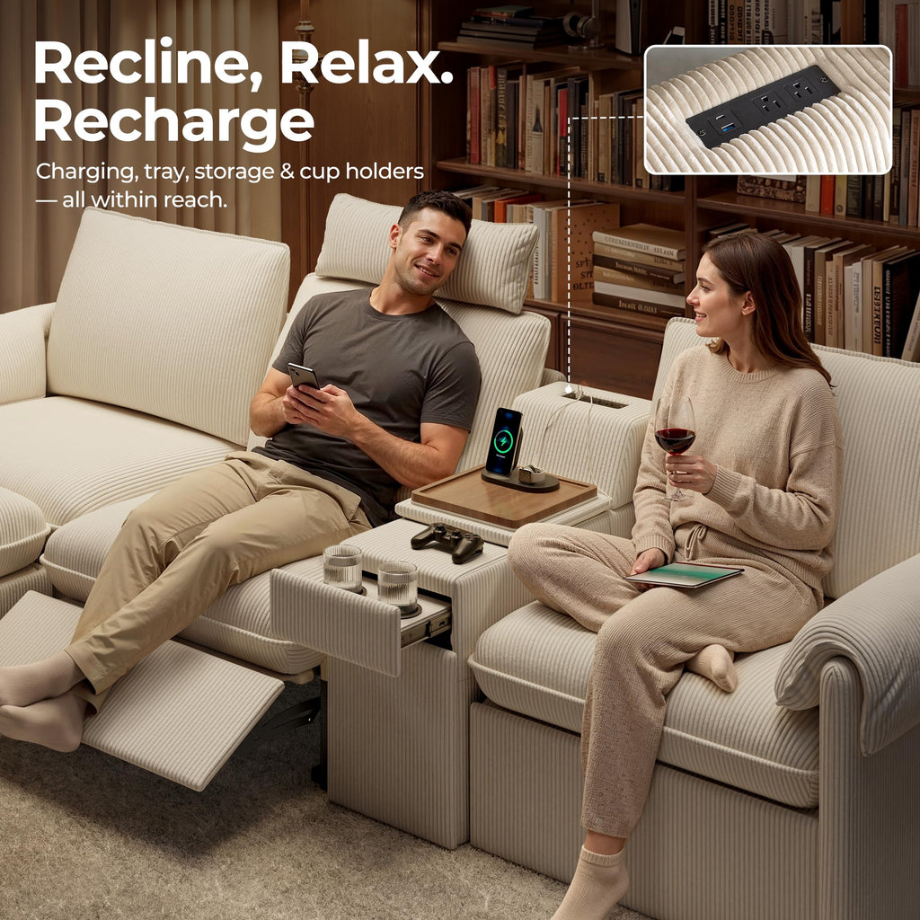 117" 6-Seat Modular Power Reclining Sectional Couch, Beige