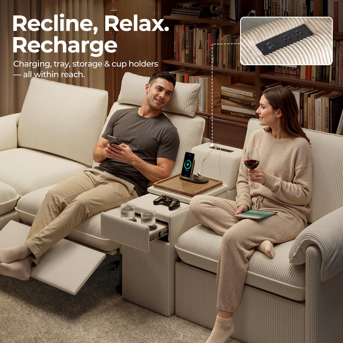117" 6-Seat Modular Power Reclining Sectional Couch, Beige