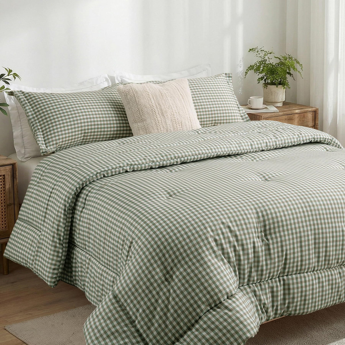 Comforter Set, Fluffy Green Gingham Plaid Bedding, 3 Pieces