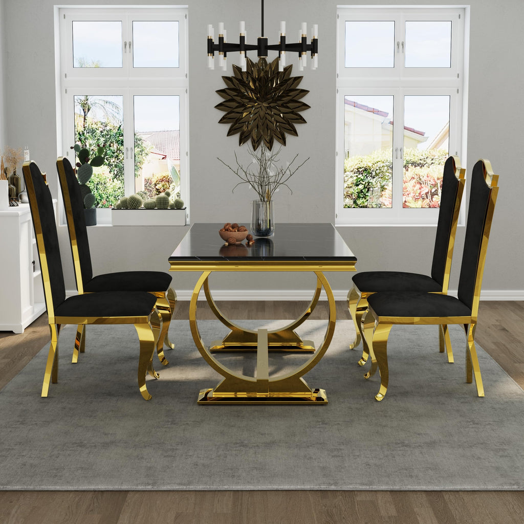 Black and Gold Dining Table, Faux Marble Top, Metal Frame and U-Base