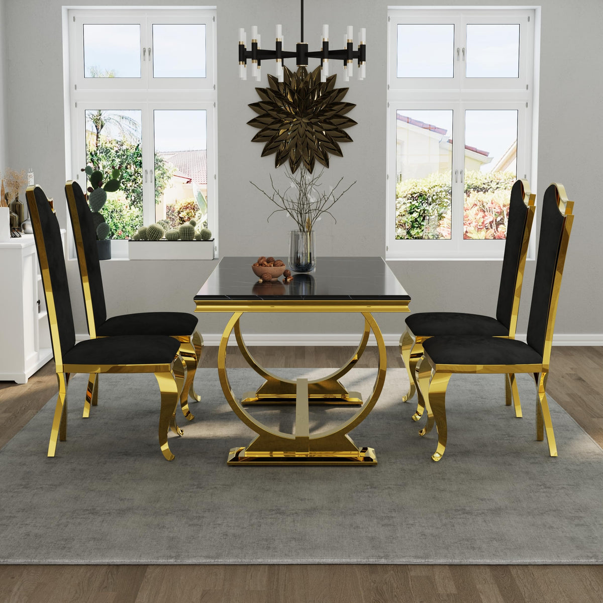 Black and Gold Dining Table, Faux Marble Top, Metal Frame and U-Base