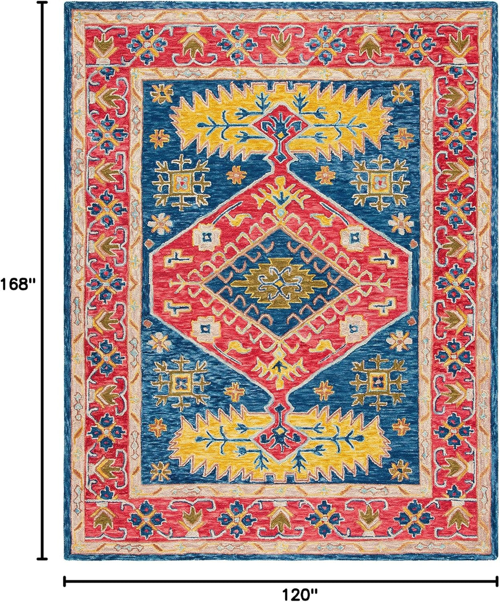 Aspen Collection Area Rug, Red & Blue, Handmade Boho Wool, Ideal for High Traffic Areas in Living Room