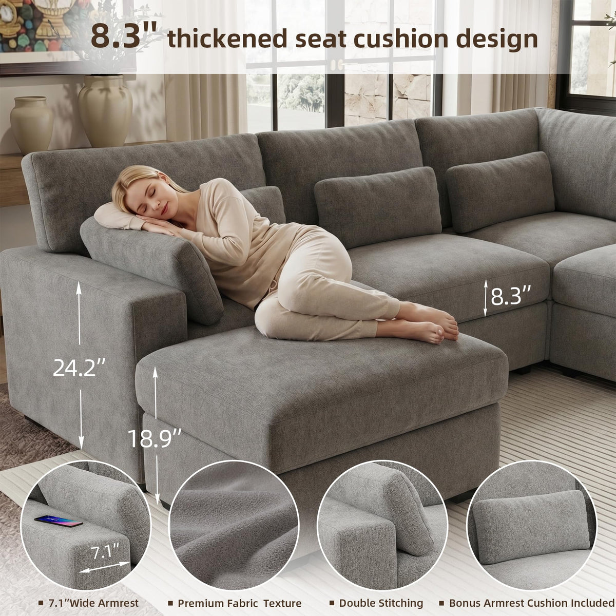 109.1'' Modular Sectional Sofa, L Shaped Oversized Extra Deep Couches, 5-Seat Chenille Couch with Wooden Legs