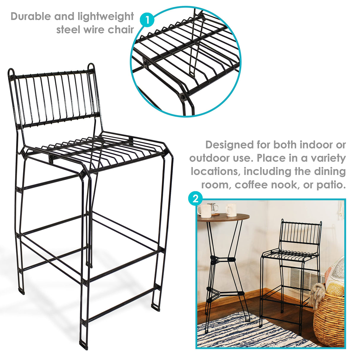 Inspired Bertoia Style 39.5-Inch H Modern Outdoor Steel Wire Bar Stools - Black