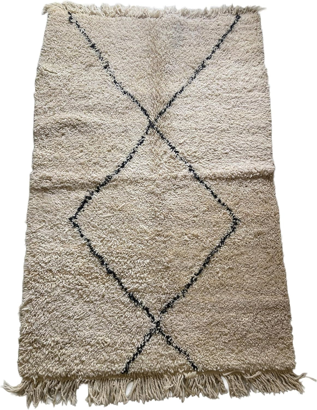 Handmade Moroccan Berber Area Rug 6' x 9', 100% Wool High Pile Shag, Beni Ourain Style, Ivory/Cream with Charcoal