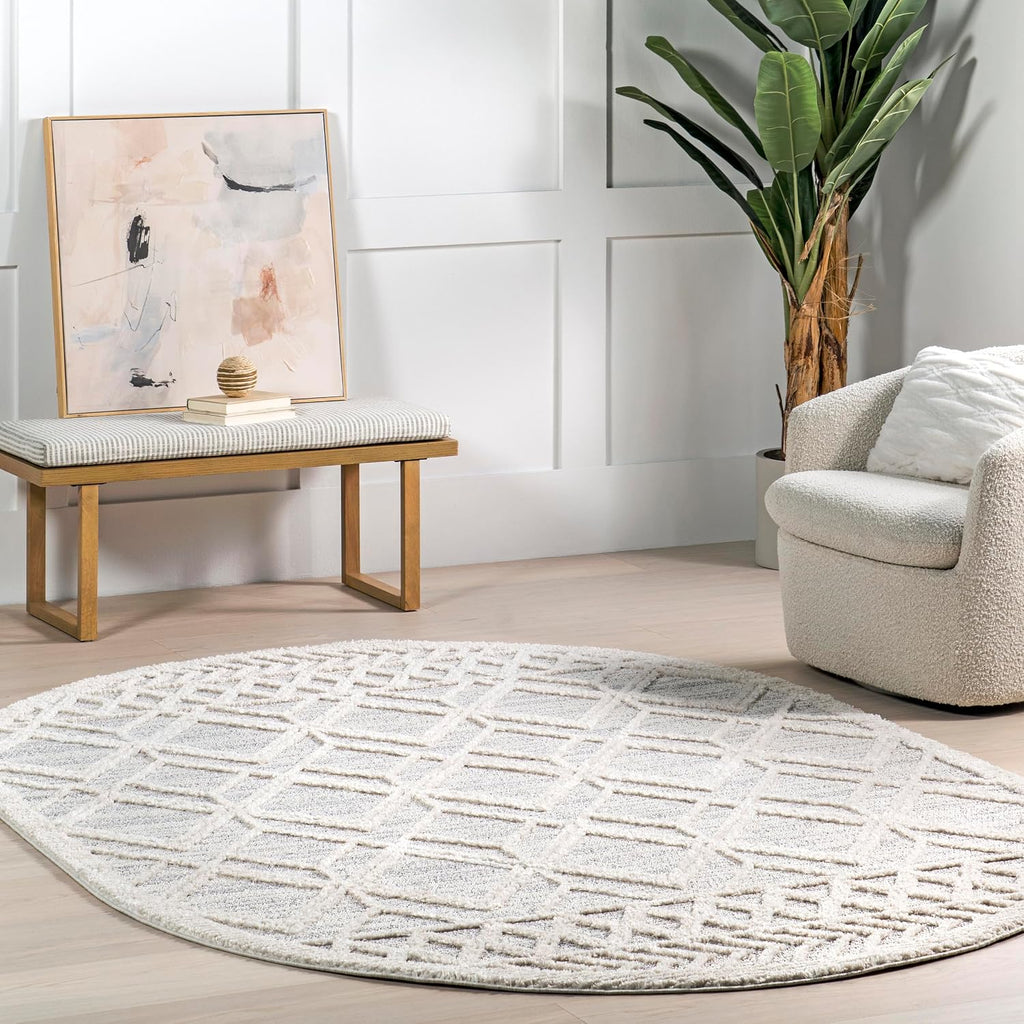 Ansley Light Grey Trellis Power Loomed Area Rug, Oval