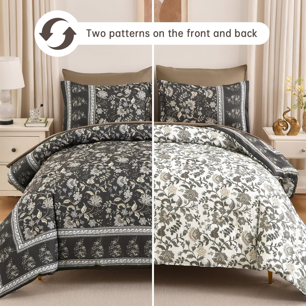 Boho Comforter Set Queen, Reversible Brown Gray Bedding Paisley 7 Piece