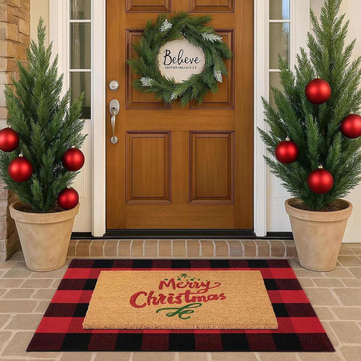 Christmas Door Mat Combo Set - 100% Coco Coir Welcome Mat + 28 x 43 Inch Red and Black Plaid Rug, New Year Holiday