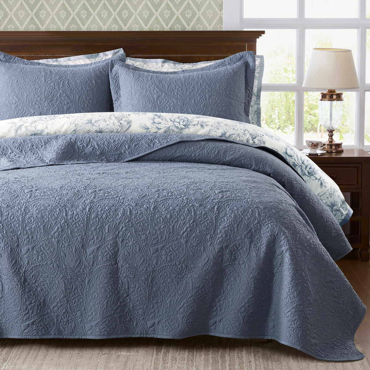 Paisley Quilt Set, Dusty Blue Matelasse Lightweight Bedspread, Soft Farmhouse Rustic Coverlet, Spring