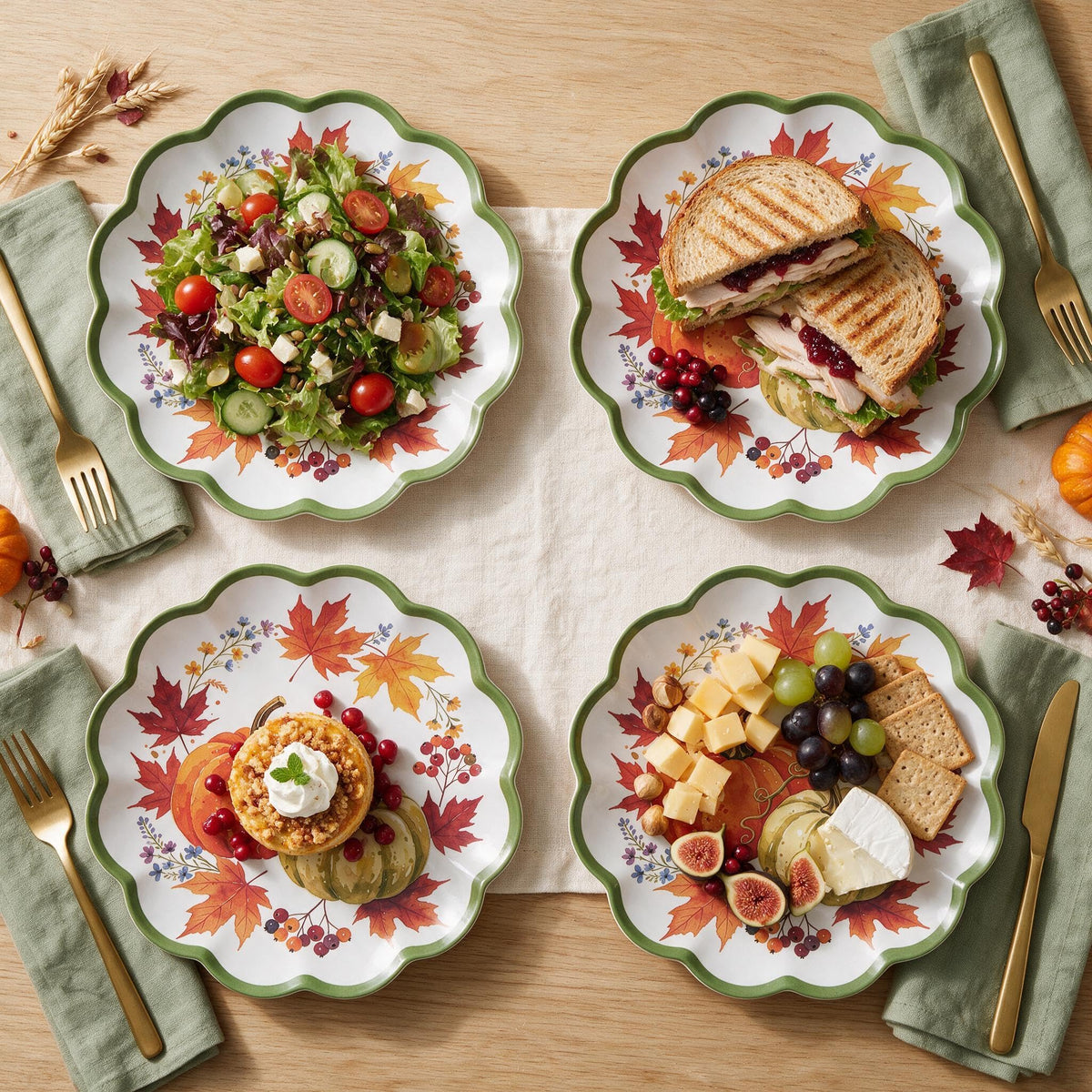 Fall Plates, 4 Pack 9 Inch Melamine Pumpkin Plates, Scalloped Rim